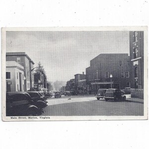 1941 Marion Virginia, cartão postal da Main Street, postado com selo de 1 centavo, mensagem, foto em preto e branco, lembrança, presente de suprimentos para scrapbook de reciclagem