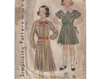 1930s Vintage Simplicity 1851 Pattern for Girls' Dress, 2 Styles, Size 10, Instructions, NON Printed, Vintage Pattern, Home Sewing Pattern