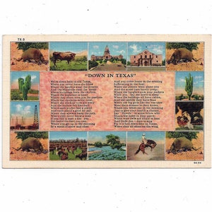 Poema Down in Texas Cartão postal de linho, da década de 1940, 14 pequenas cenas, não postado, lembrança de viagem,