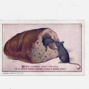 1908 Humorystyczna pocztówka z myszką, „Przechodząc przez żyto” wysłana z wiadomością, znaczek 1 cent,