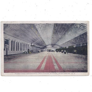 Carte postale de 1915 représentant le hall des passagers de la gare Union, à Washington D.C., publiée avec un message, timbre de 1 cent, éphémères historiques, album