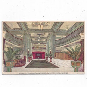 Cartão postal do lobby e mezanino do Morrison Hotel, Chicago, Illinois, da década de 1930. Não postado, lembrança de viagem, Madison e Clark, álbum de recortes Upcycle