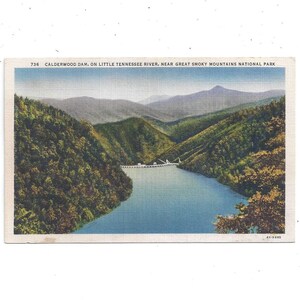 1936 Calderwood Dam Linen Postcard na rzece Tennessee, wysłany z wiadomością, BEZ znaczka, Great Smoky Mountains Park, upcyklingowy prezent do albumu
