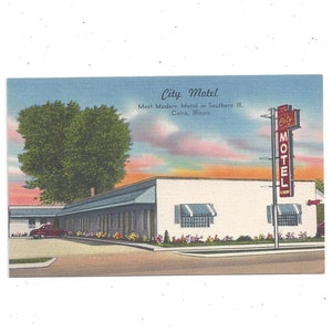 Carte postale en lin City View Motel, Le Caire, Illinois, années 40, US Route 51, non publiée avec timbre de 1 cent, souvenir de voyage, scrapbook upcycle