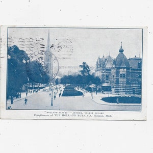 1910 Postal antigua de Holland Michigan, Arnhem, Velper Square, publicado con sello de 1 centavo, mensaje, Holland Rusk Co. Dainty Dutch Delicacy