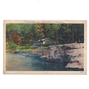 1940 lniana pocztówka z letnimi domami w górach, Smoky Mountains, wysłana z wiadomością, znaczkiem 1 Cent, zabytkowa pamiątka z podróży