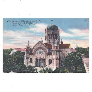 1940er Leinen Postkarte von Flagler Memorial Presbyterian Church, Sankt Augustine Florida, Älteste Stadt der USA, Reise Souvenir, Unposted, Souvenir
