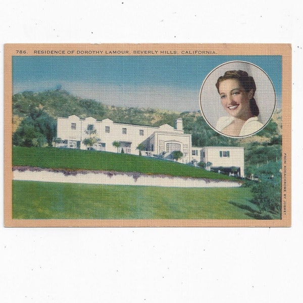 1940s Linen Postcard of Dorothy Lamour Home in Beverly  Hills, California, Cameo of Lamour, Unposted, Travel Souvenir, Movie Stars, Longshaw