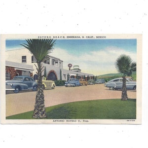Postal de lino de la década de 1940 de Estero Beach, Ensenada, California y México, sin publicar, vista del hotel, 5 dólares por noche, recuerdo, autos antiguos