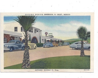 1940s Linen Postcard of Estero Beach, Ensenada, California, and Mexico, Unposted, View of Hotel, 5 Dollars Per Night, Souvenir, Old Cars