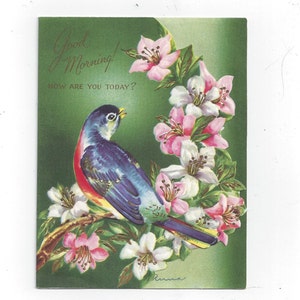 Biglietto di auguri di pronta guarigione anni '40 di Sterling, Chicago, uccelli e gigli blu in rilievo e fustellati, uccelli pieghevoli all'interno, effimeri vintage