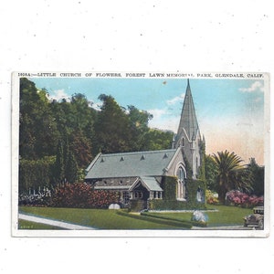 Mały Kościół Kwiatów Pocztówka, Forest Lawn Memorial Park, Glendale, Kalifornia, Opublikowany z wiadomością, Znaczek 1 Cent, Z 1934 r., Podróże