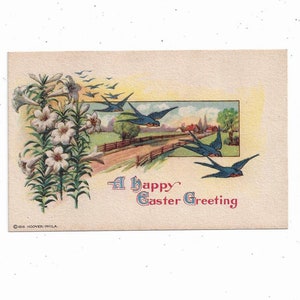 Cartão postal de saudação de Páscoa de 1916 com gaio azul e lírios, não publicado, de Hoover-Filadélfia, celebração religiosa, antigo
