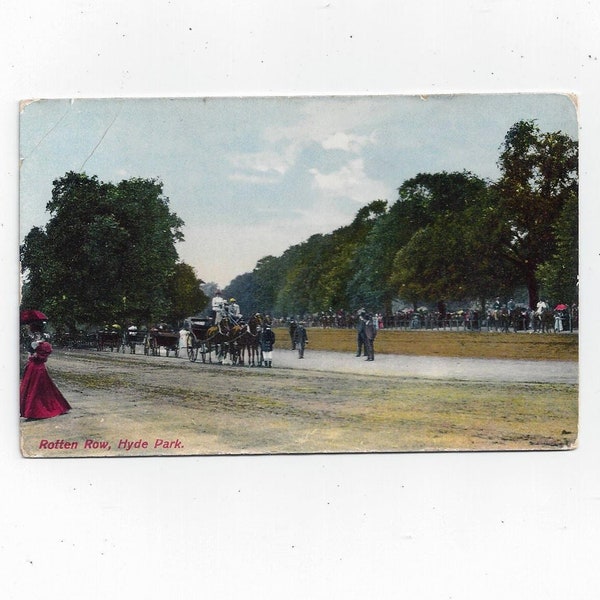 Early 1900s Postcard of Rotten Row, Hyde Park, London, England, Victorian Era Clothing, Color, Posted with Message, 1 Penny Stamp K George V