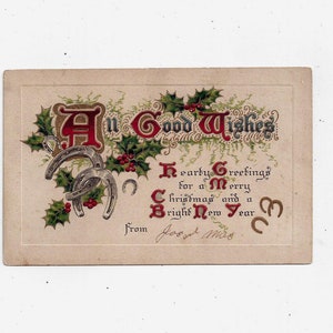 Early 1900s Embossed Christmas Postcard With Gold Accents & Verse, Unposted but Writing, Holiday Greeting, BB Card