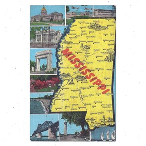 Carte postale carte du Mississippi, lin des années 40, non arrimé, 10 petites vues d'attractions, taches, souvenir de voyage, scrapbooking éphémère upcyclé