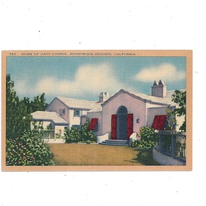 1940er Leinen Postkarte von Gary Cooper Home in Brentwood Heights, Kalifornien, ungepostet, Reise Souvenir, Film Star Sammlerstück