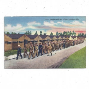 Camp Blanding Leinen-Postkarte, Starke, Florida, "End of Hike," 1940er Jahre, unbeschriftet mit Schrift, Militärreiseandenken, Upcycle-Sammelalbum."