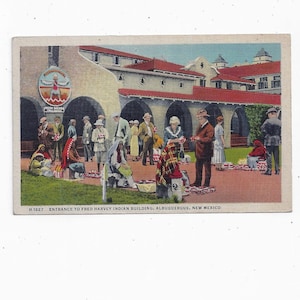 Carte postale indienne Fred Harvey en lin de construction, Albuquerque, Nouveau-Mexique, publiée en 1946 avec message, souvenir de voyage, fourniture de scrapbooking recyclé
