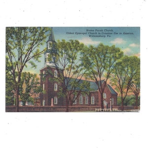 Bruton Parish Church Linen Postcard, Williamsburg, Virginia, Opublikowano z wiadomością, Znaczek 3 Cent, Z 1959 r., Pamiątka z podróży, Stary Episkopalny