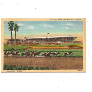 1940er Leinen Postkarte von Santa Anita Park, Los Angeles Turf Club, Kalifornien, Unposted, Reise Souvenir, Pferderennen, Arcadia
