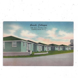 Carte postale Bunch Cottages, Carolina Beach, Caroline du Nord, linge de maison des années 40, 12e avenue, sans encadrement, souvenir, océan Atlantique, souvenir de voyage