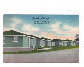 Bunch Cottages Postcard, Carolina Beach, North Carolina, Linen from 1940s, 12th Ave., Unposted, Souvenir, Atlantic Ocean, Travel Souvenir
