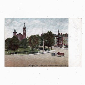 1906 Getinte ansichtkaart van Bangor Maine, Central Park, Universalist Church, Geplaatst w / 1 Cent Postzegel, Boodschap, Travel Souvenir