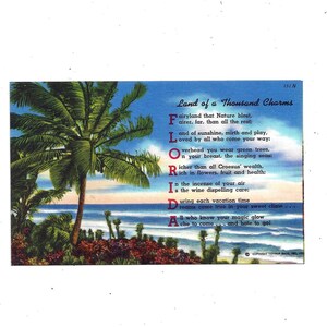 1940s Leinen Postkarte florida, Land der Tausend Charms Gedicht, Unposted, Vintage Reise Souvenir Ephemera, Tichnor