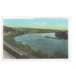 1953 Postal de escena en el río Kanawha cerca de Point Pleasant, Virginia Occidental, publicada con mensaje y sello de 2 centavos, barcaza, recuerdo de viaje