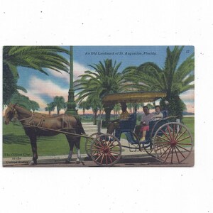1940er Leinen Postkarte von Pferd & Kutsche, St. Augustine Florida, Älteste Stadt der USA, Reise Souvenir, Unposted, Florida Souvenir Co.