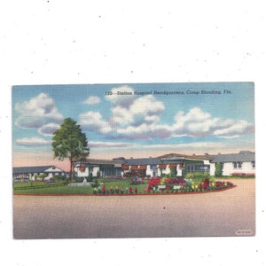 Camp Blanding Leinen-Postkarte, Starke, Florida, Station Krankenhaus-Hauptsitz, unbeschriftet mit Schrift, Militärreise-Souvenir, Upcycle