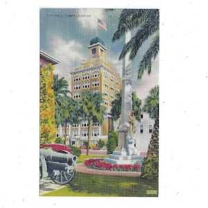 Carte postale en lin de l'hôtel de ville de Tampa, Floride, sans encadrement, jolies couleurs, souvenir de voyage, fourniture et cadeau de scrapbooking surcyclé, canon, fleurs, années 40