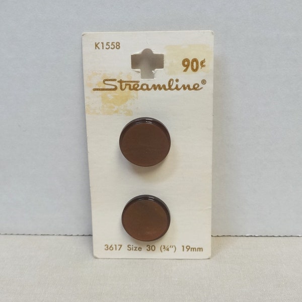 2 Brown Buttons by Streamline on Original Card, 3/4 Inch Shank Style, Textured Center, Home Sewing Notions, Fasteners, Clothing Repair, 1980