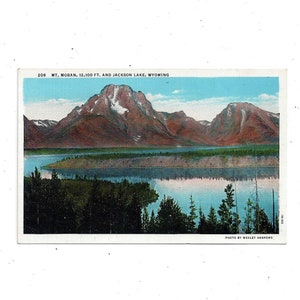 Cartão postal de linho colorido dos anos 1940 de Mt. Moran e Jackson Lake, Wyoming, não publicado, Wesley Andrews Co, lembrança de viagem