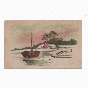Vroege jaren 1900 Getinte ansichtkaart van Rest Haven, onbekende locatie, water scène, niet gepost met handgeschreven boodschap,