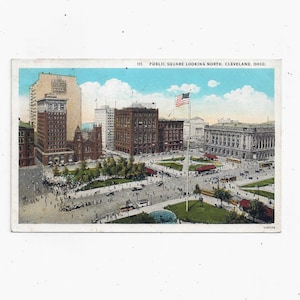 1928 Antyczna pocztówka z widokiem na plac publiczny w kierunku północnym, Cleveland, Ohio, wysłana ze znaczkiem 1 Cent, ręcznie napisana wiadomość, pamiątka z podróży