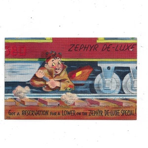 Pocztówka z lat 60. przedstawiająca pociąg pasażerski Zephyr De-Luxe, wysłana z wiadomością, znaczkiem 6-centowym, koleją, pamiątką z podróży, podróżą koleją