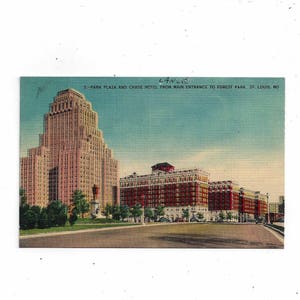 1946 Vintage Color Linen Postcard z Park Plaza & Chase Hotels, St. Louis, Missouri, wysłana ze znaczkiem 1 Cent, pamiątka