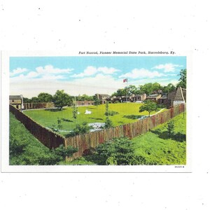 Cartolina di lino lucido del 1940 di Fort Harrod, Pioneer Memorial State Park, Harrodsburg, Kentucky, Non pubblicato,