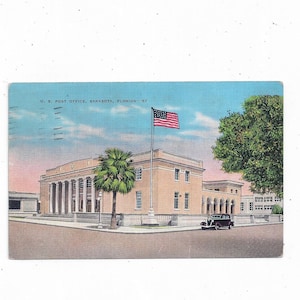 Pocztówka US Post Office, Sarasota, Floryda, len z 1939 r. Wysłana z wiadomością, znaczkiem 1 Cent, pamiątką z podróży, artykułem do scrapbookingu
