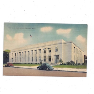 Carte postale du bureau de poste, Lansing, Michigan, non publiée mais avec un timbre spécial de 13 cents, carte en lin des années 40, offre de recyclage de scrapbooking