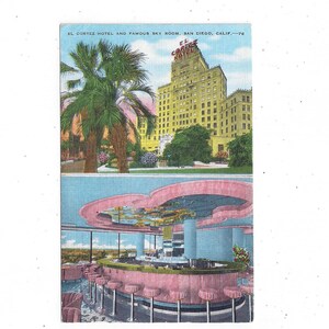 El Cortez Hotel & Sky Room Pocztówka, San Diego, Kalifornia, 2 widoki Bar Restaurant, Zewnątrz, Opublikowane w 1949 roku z wiadomością, Znaczek 1 Cent