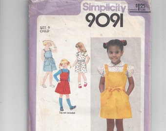 Simplicity 9091 Pattern for Child's Sundress, Jumper, & Blouse, Size 6, From 1979, Front Button Blouse, Patch Pockets, Vintage Pattern, Sew