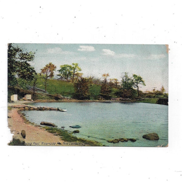 Early 1900s Postcard of Riverside Park Swimming Pool, New London, Connecticut, Unposted, 3.5 x 5.5 In., Tinted, Made Germany