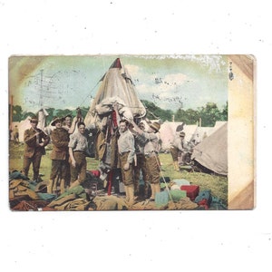 Pocztówka z 1908 r. Fort Wright (?) przedstawiająca żołnierzy, namioty, nr 7, zdjęcie wojskowe, wysłana, bez znaczka