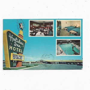 Carte postale Holiday Inn 1963 à Independence, Missouri, publiée avec un message, timbre de 4 cents, 4 vues, souvenir de voyage, surcyclage, autoroute 40 des États-Unis