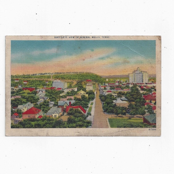 1940s Linen Postcard of Mineral Wells, Texas, Unposted but Hand Written Message, Famous for Mineral Water, 3.5 x 5.5 In., Travel Souvenir