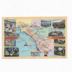 1940er Leinen Postkarte mit Landkarte von Südkaliforniens Romantischen Autobahnen mit 10 kleinen Fotos, ungepostet, Reise Souvenir, Küste Route, Mehr