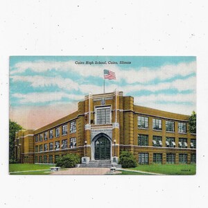 Carte postale en lin du lycée Cairo, Illinois, des années 40, non publiée avec un timbre de 1 cent, souvenir de voyage, album upcyclé, milieu du siècle